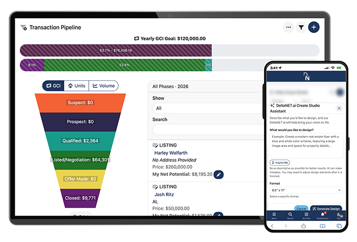DeltaNET on a laptop and phone — the Create Studio Assistant and a Transaction Pipeline funnel.