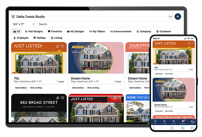 Delta Create Studio on a laptop and phone — a gallery of Just Listed real estate flyer designs.