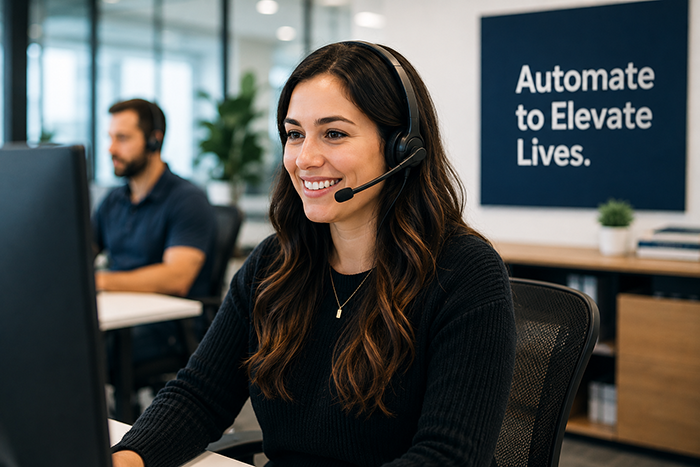 Two Delta Media Group support team members working at their desks.