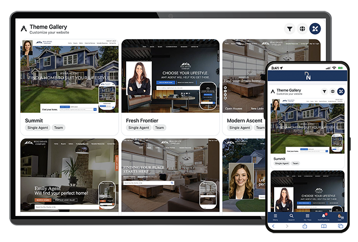 The DeltaNET Theme Gallery on a laptop and phone — real estate website themes (Summit, Fresh Frontier, Modern Ascent) with Single Agent and Team options.