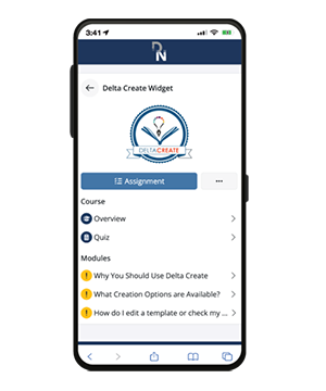 The Delta Create Widget on a phone — a DeltaNET Academy course with Overview, Quiz, and training modules.