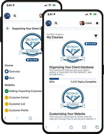 DeltaNET Academy on two phones &mdash; a course outline with modules and a My Courses dashboard showing progress through training courses.