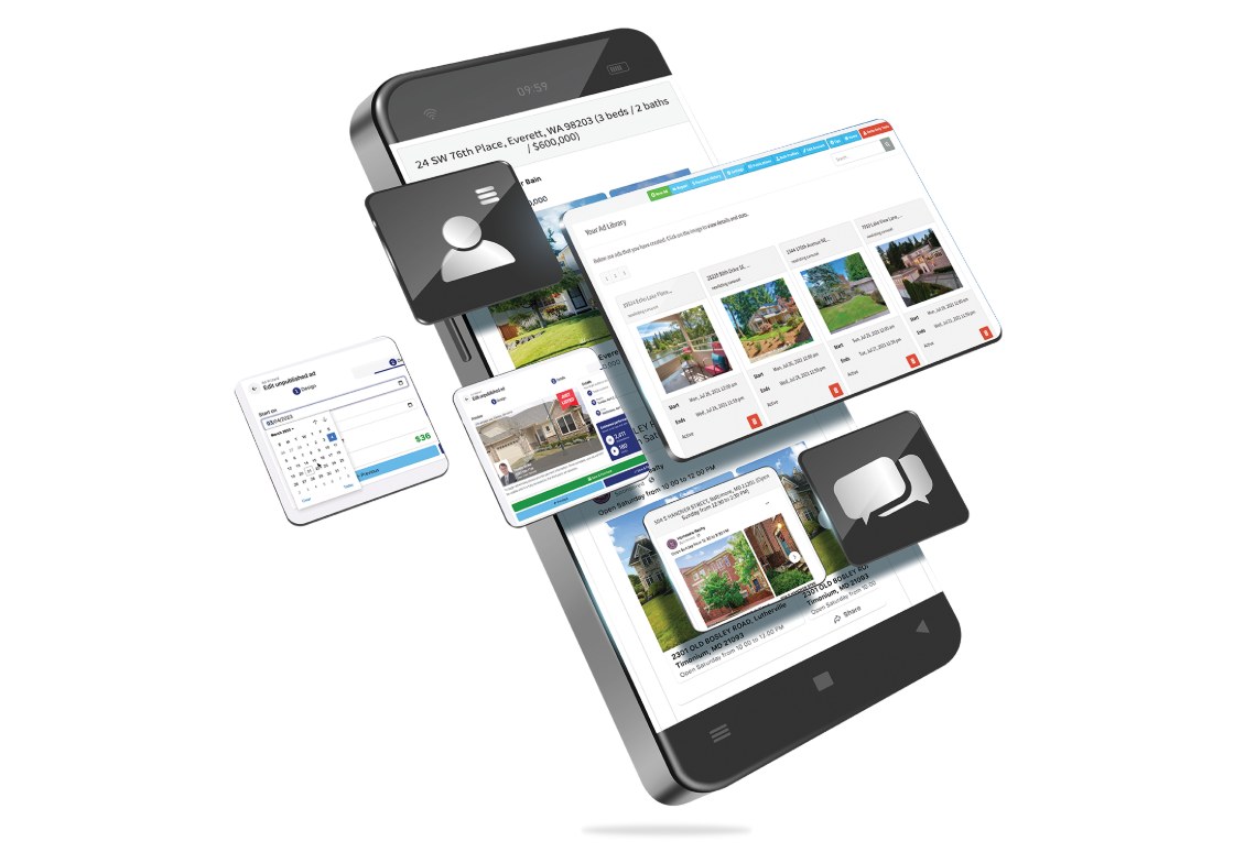 Ad Wizard shown across phone and tablet &mdash; an ad library of real estate listings, the campaign builder with a start-date calendar, and a published Facebook open-house ad.