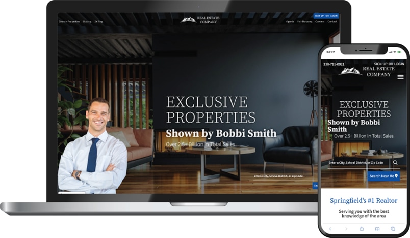 Nova theme &mdash; a real estate agent homepage on laptop and phone with an elegant living room hero and Exclusive Properties by Bobbi Smith headline.