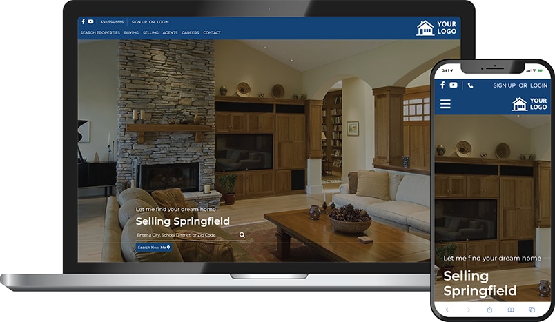 Atlas theme &mdash; a real estate agent homepage on laptop and phone with a blue header, living room hero, and Selling Springfield headline.