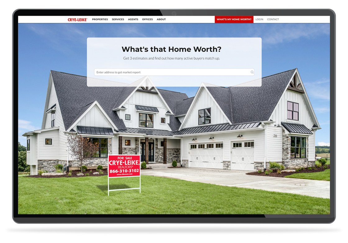 A Crye-Leike real estate website on a tablet with a 'What's that Home Worth?' home-value search over a luxury home.