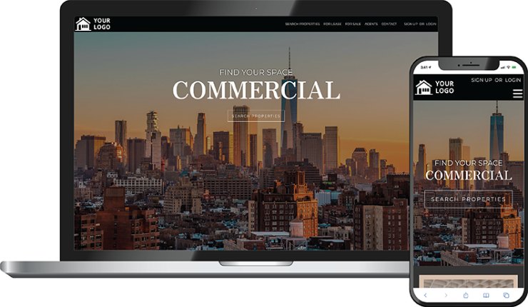 Apex commercial theme &mdash; a commercial real estate homepage on laptop and phone with a city-skyline hero and Find Your Space Commercial headline.