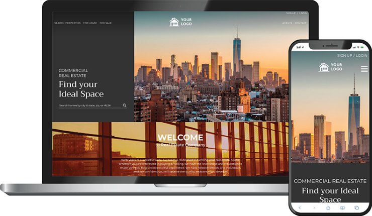 Catalyst commercial theme &mdash; a commercial real estate homepage on laptop and phone with a split city-skyline hero and Find your Ideal Space headline.