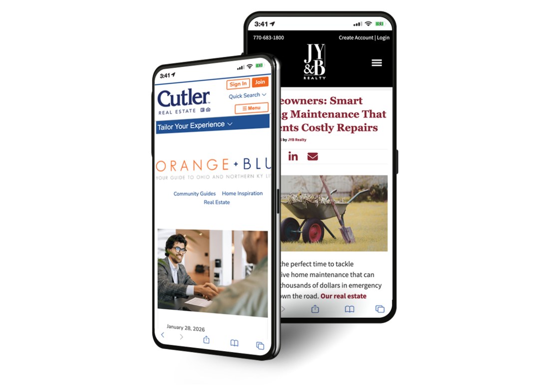 Two phones showing Delta-built real estate blog content — a Cutler Real Estate community guide and a JY&B Realty home-maintenance article.