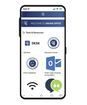 A branded brokerage Online Office shown on a phone, with Tools & Resources tiles for CB Desk, Resource Center, Prime HelpDesk, and email login.