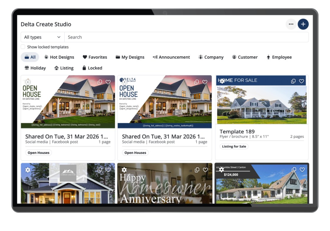 Delta Create Studio on a tablet &mdash; a template library showing Open House social posts, a Home for Sale flyer, and homeowner-anniversary designs.