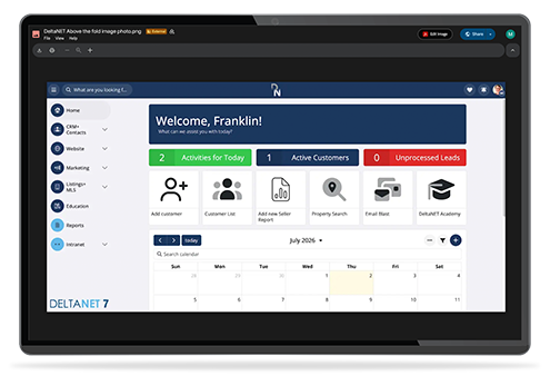 The DeltaNET dashboard on a tablet — a welcome banner, activity and lead counters, quick-action tiles, and a calendar.