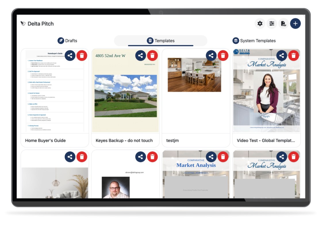 Delta Pitch on a tablet — the Templates library showing a Homebuyer's Guide, listing template, and a branded Comparative Market Analysis.