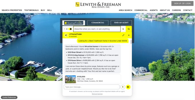 Intelligent Website AI assistant returning property results inside a brokerage home search
