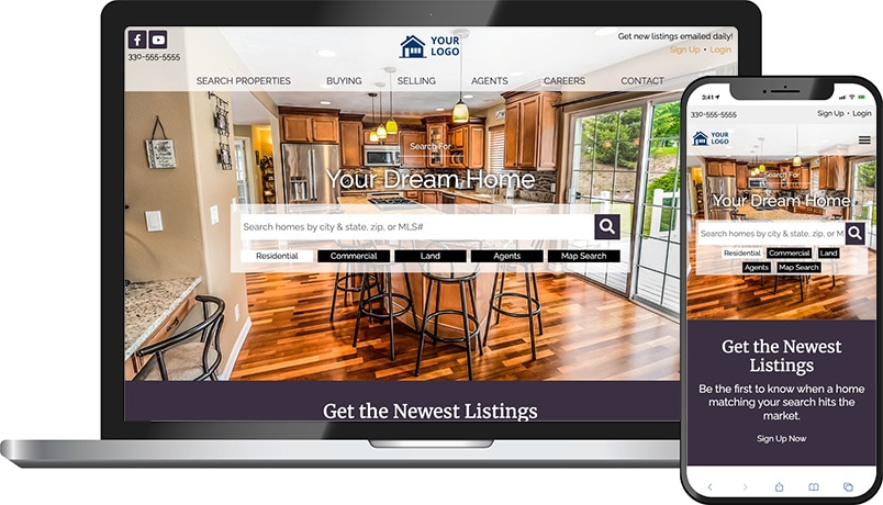 Ascension theme &mdash; a real estate homepage on laptop and phone with a kitchen hero and Your Dream Home search.