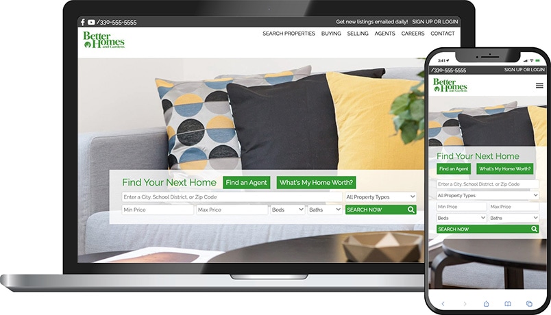 Better Homes and Gardens theme &mdash; a real estate homepage on laptop and phone with a couch and pillows hero and Find Your Next Home search.