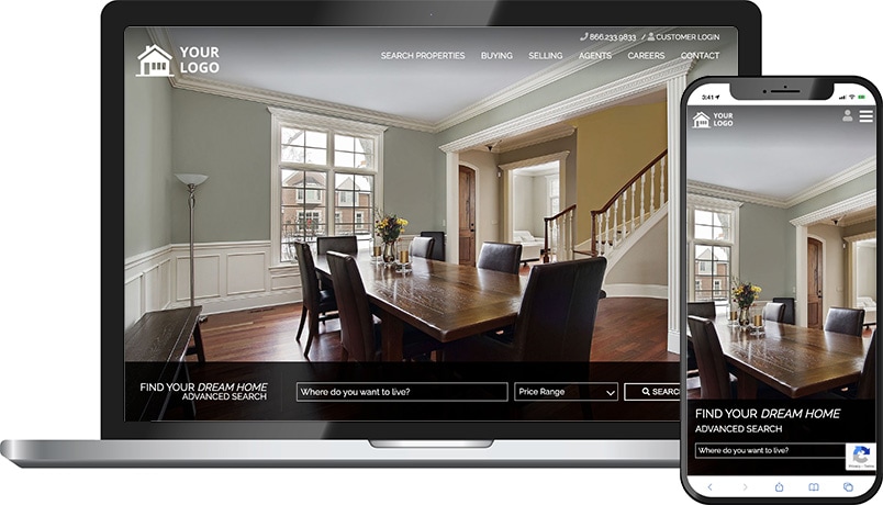 Deluxe theme &mdash; a real estate homepage on laptop and phone with a formal dining room hero and Find Your Dream Home advanced search.