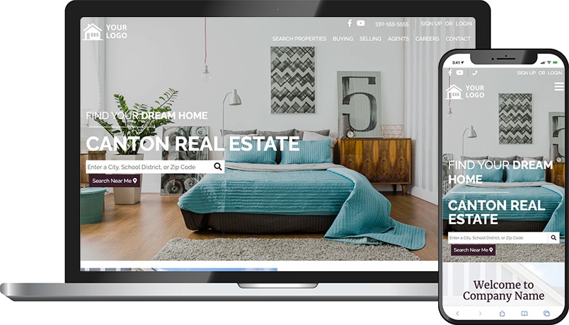 Infinity theme &mdash; a real estate homepage on laptop and phone with a mid-century bedroom hero and Canton Real Estate headline.