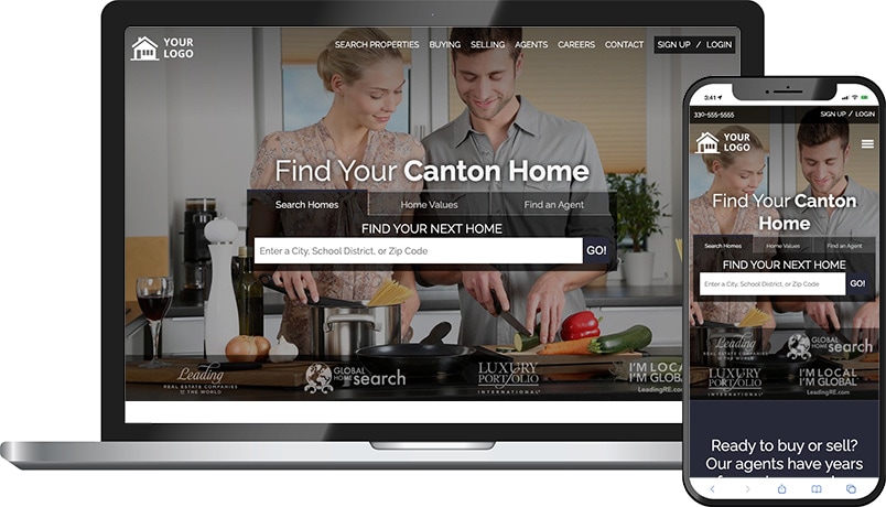 Soma theme &mdash; a real estate homepage on laptop and phone with a couple cooking hero and Find Your Canton Home headline.