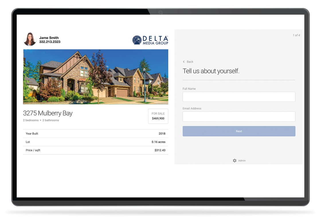 Open House Connector on a tablet &mdash; a property sign-in screen for 3275 Mulberry Bay with a 'Tell us about yourself' lead capture form.