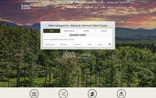 Badger Peabody & Smith Realty website homepage &mdash; a forested mountain landscape at dusk with a 'New Hampshire, Maine & Vermont Real Estate' property search panel.