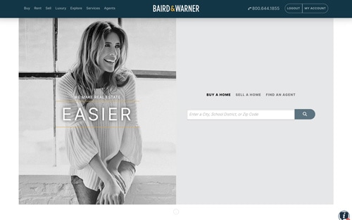 Baird & Warner website homepage &mdash; a black-and-white portrait with 'We make real estate EASIER' and a property search bar.