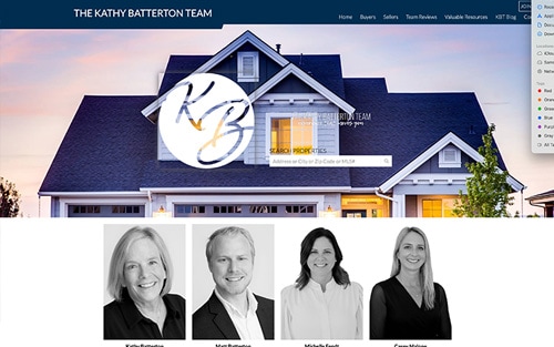 The Kathy Batterton Team website homepage &mdash; a dusk exterior of a two-story home with the team's KB monogram and a property search bar, above agent headshots.