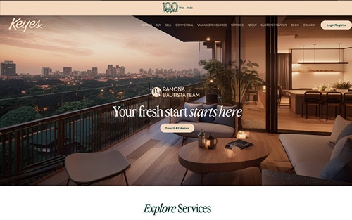 The Ramona Bautista Team | Keyes website homepage &mdash; a dusk balcony overlooking a city skyline with 'Your fresh start starts here' and a Search All Homes button.