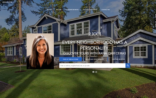 Rana Cabeceiras | Ricci Real Estate website homepage &mdash; a blue two-story home with the agent's headshot and 'Every neighborhood has a personality.' over a property search bar.