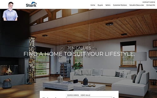 Jen Callies | Stark Company Realtors website homepage &mdash; a wood-beamed modern living room with 'Find a home to suit your lifestyle.' over a property search bar.