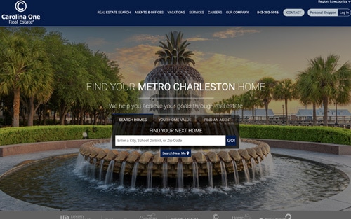 Carolina One Real Estate website homepage &mdash; a Charleston pineapple fountain at dusk with 'Find your Metro Charleston home' and a property search bar.