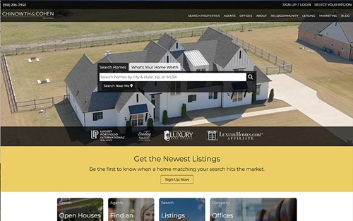 Chinowth & Cohen Realtors website homepage &mdash; an aerial view of a modern farmhouse with a property search bar over Search Homes and What's Your Home Worth tabs.