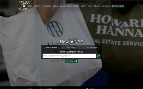 Howard Hanna | Coach Realtors website homepage &mdash; a 'Now in NYC' hero with a property search bar over Search Homes, Home Values, and Find an Agent tabs.