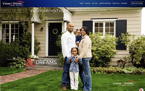 Cressy & Everett Real Estate website homepage &mdash; a family in front of a home with 'Find your next home' and '& Dreams' over a property search bar.