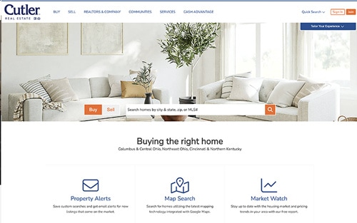 Cutler Real Estate website homepage &mdash; a bright neutral living room with a property search bar over Buy and Sell tabs.