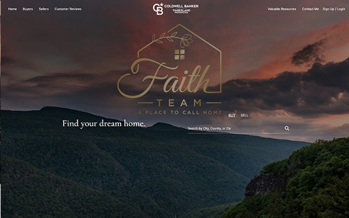 The Faith Team | Coldwell Banker Timberland Properties website homepage &mdash; a mountain range at dusk with 'Find your dream home.' over a property search bar.