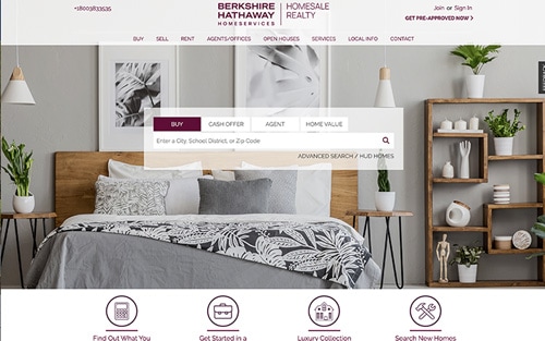 Berkshire Hathaway HomeServices Homesale Realty website homepage &mdash; a styled bedroom with a property search bar over Buy, Cash Offer, Agent, and Home Value tabs.