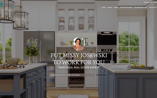 Missy Josewski website homepage &mdash; a bright white kitchen with the agent's headshot and 'Put Missy Josewski to work for you' over a property search bar.