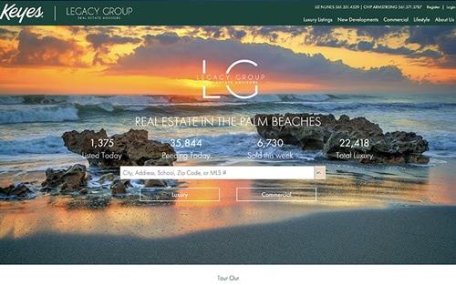 The Legacy Group Real Estate Advisors website homepage &mdash; a beach sunset with 'Real Estate in the Palm Beaches' and live market stats over a property search bar.