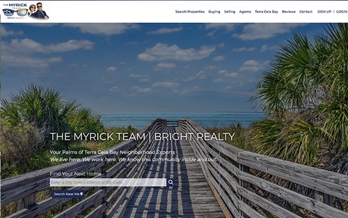 The Myrick Team | Bright Realty website homepage &mdash; a beach boardwalk leading to the water with 'Your Palms of Terra Ceia Bay Neighborhood Experts' over a property search bar.