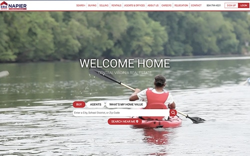 Napier ERA website homepage &mdash; a kayaker on a river with 'Welcome Home, Central Virginia Real Estate' over a property search bar.