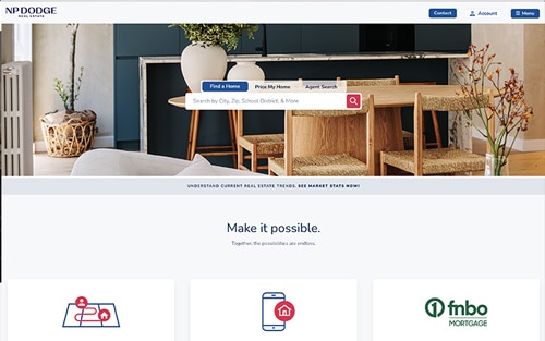 NP Dodge Real Estate website homepage &mdash; a bright dining room with a property search bar over Find a Home, Price My Home, and Agent Search tabs.