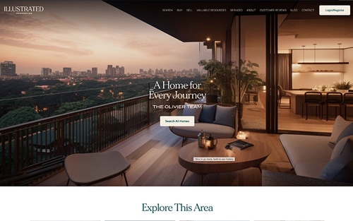 The Olivier Team | Illustrated Properties website homepage &mdash; a dusk balcony overlooking a city skyline with 'A Home for Every Journey' and a Search All Homes button.