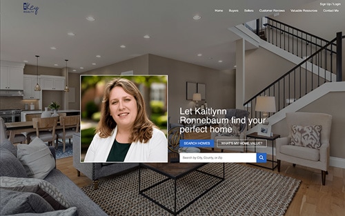Kaitlynn Ronnebaum | iKey Realty website homepage &mdash; a staged living room with the agent's headshot and 'Let Kaitlynn Ronnebaum find your perfect home' over a property search bar.