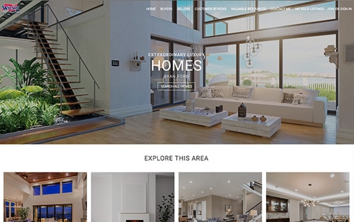 Ryan Ford | Watson Realty Corp website homepage &mdash; a luxury waterfront living room with 'Extraordinary Luxury Homes' and a Search All Homes button.