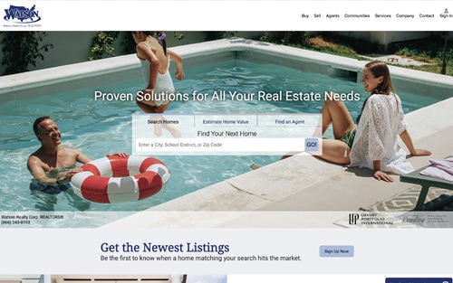 Watson Realty Corp website homepage &mdash; a poolside scene with 'Proven Solutions for All Your Real Estate Needs' and a property search bar.