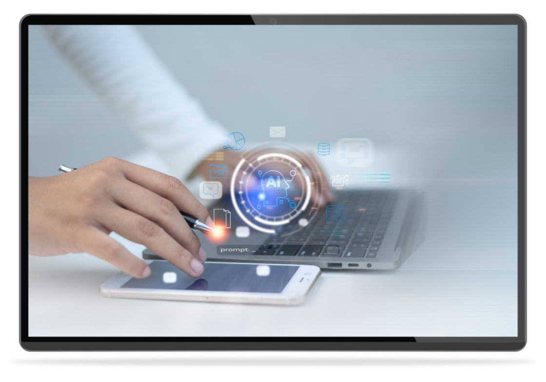 A person using a stylus and phone beside a laptop, with AI and data icons overlaid above a prompt input.