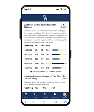 The DeltaNET Analytics screen on a phone — Website > Features & Functionality, with a prompt to add tracking codes.