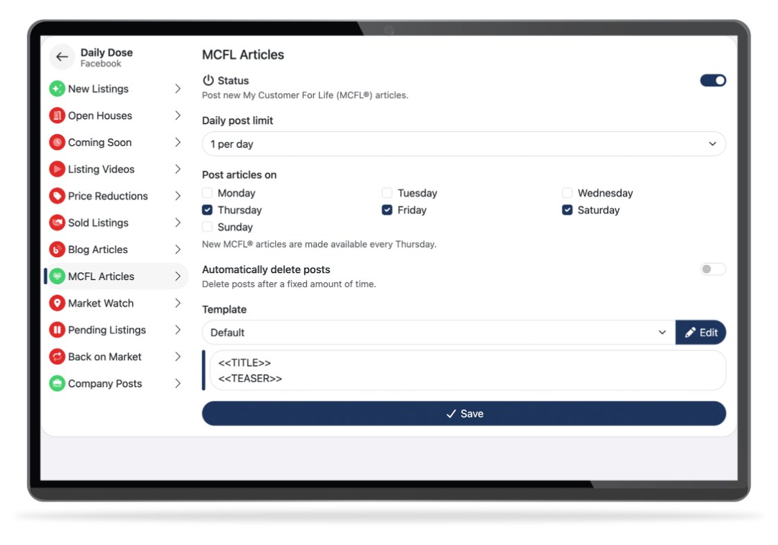 Social Connector on a tablet &mdash; the Daily Dose Facebook automation settings for MCFL Articles with post scheduling and a message template.