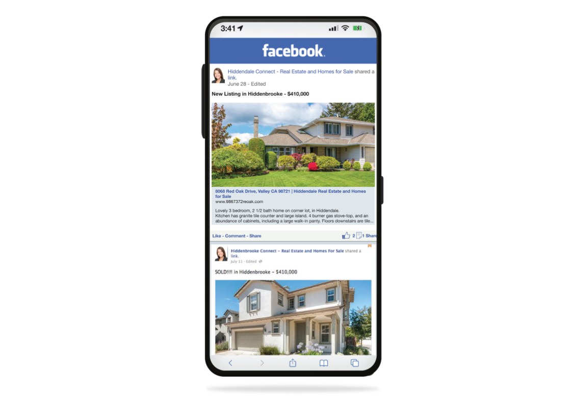 A phone showing a Facebook feed with Delta-automated real estate posts &mdash; a new listing and a SOLD post for a home in Hiddenbrooke.